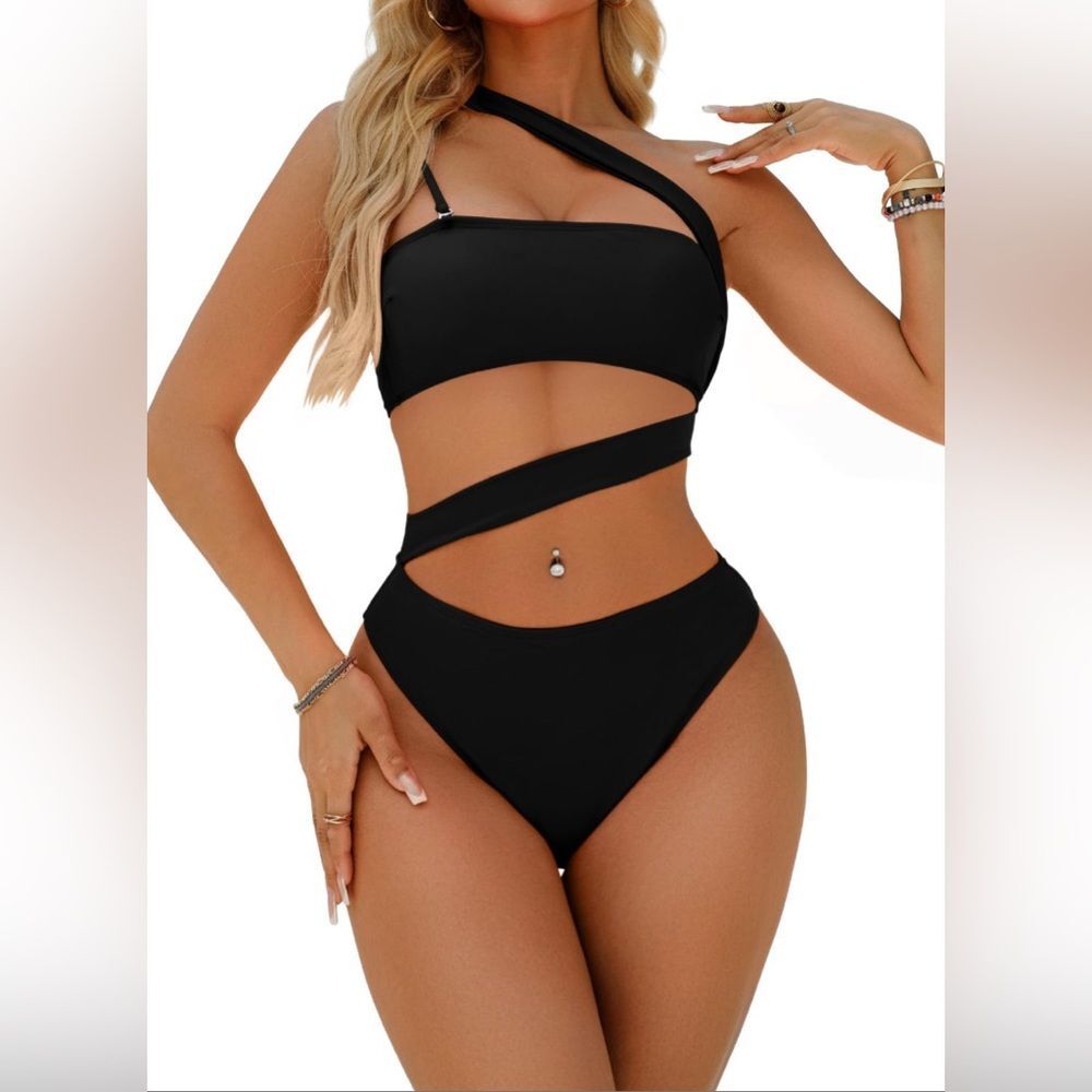 Lilosy One Shoulder Swimsuit High Waist Cheeky Bikini Brazilian Bandeau Black XL